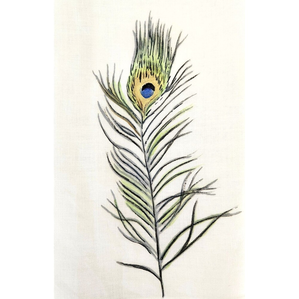 2 VTG Guest Fingertip Tea Towels Hand Painted Peacock Feathers Cottagecore #02 - Picture 3 of 4